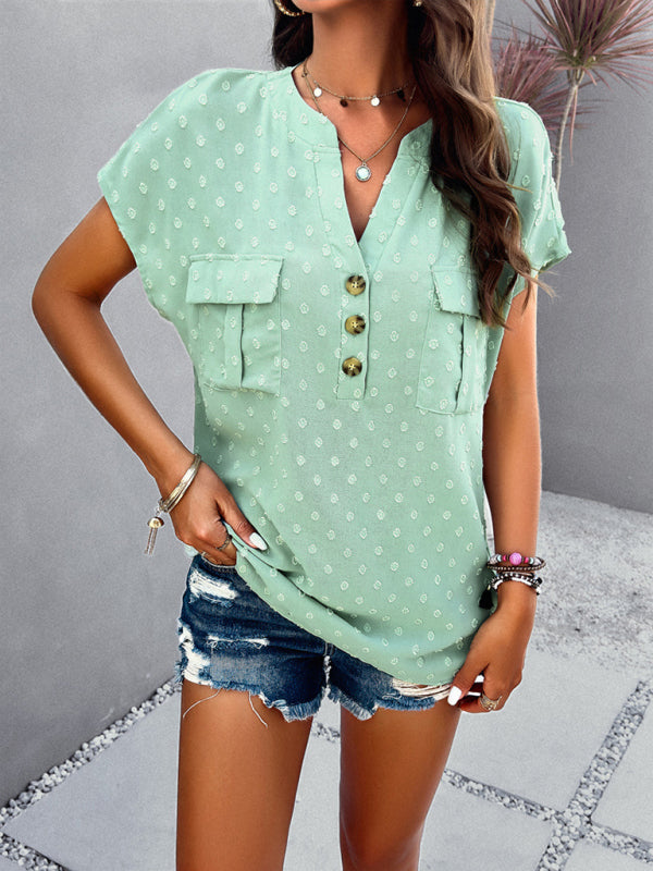 Blouses- Jacquard Swiss Dot Blouse - Short Sleeves Top with Flap Pockets- Chuzko Women Clothing