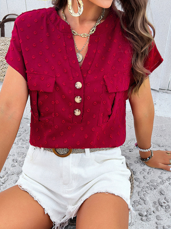 Blouses- Jacquard Swiss Dot Blouse - Short Sleeves Top with Flap Pockets- Chuzko Women Clothing