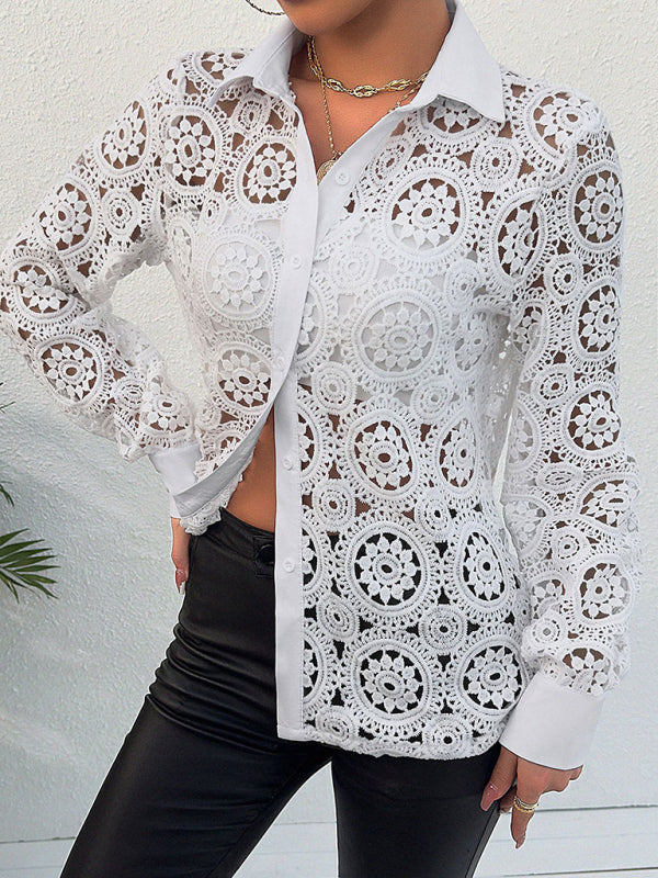 Blouses- Lace See-Through Long Sleeve Shirt | Collared Blouse- Chuzko Women Clothing