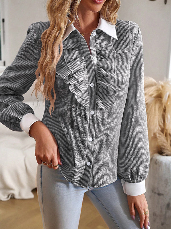 Long Sleeve Button-Up Blouse | Elegant Texture & Ruffle Accents Shirt