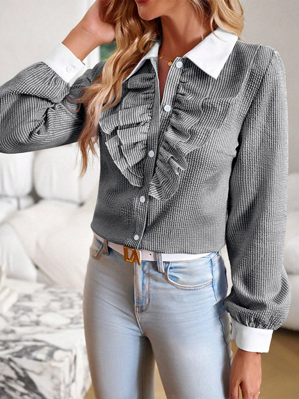 Long Sleeve Button-Up Blouse | Elegant Texture & Ruffle Accents Shirt