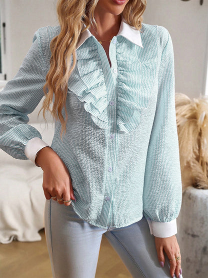 Langarm-Bluse mit Knöpfen | Elegantes Hemd mit Struktur und Rüschenakzenten