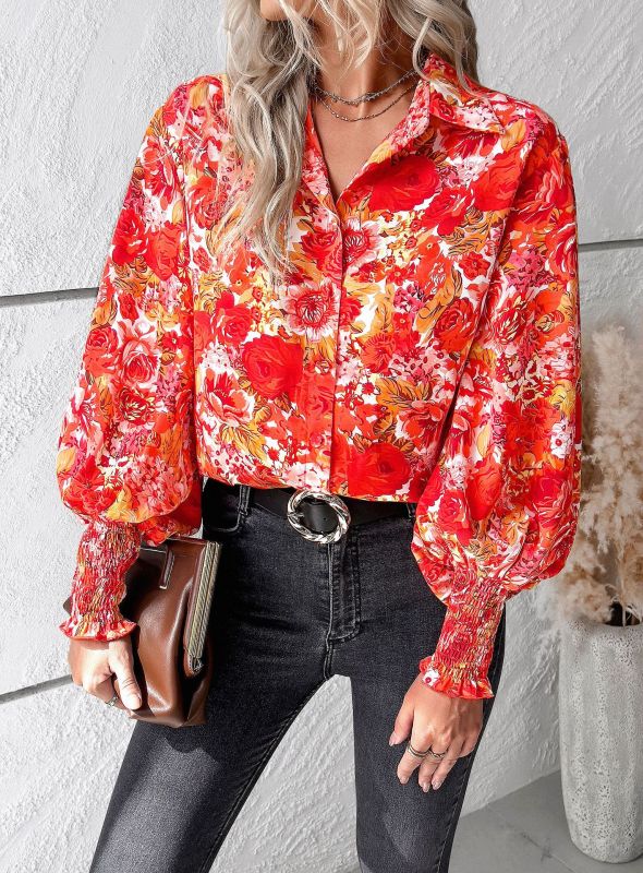 Langarm-Bluse mit Blumendruck | Elegantes Button-up-Hemd