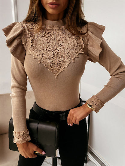 Blouses- Long Sleeve High Neck Top | Ruffle & Lace Accents Blouse- Chuzko Women Clothing