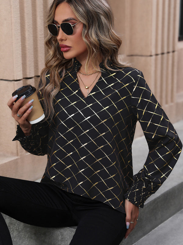 Long Sleeve V-Neck Blouse with Elegant Gold Print