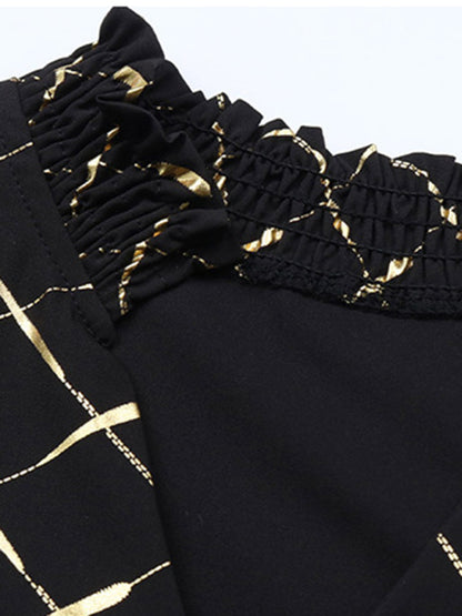 Long Sleeve V-Neck Blouse with Elegant Gold Print