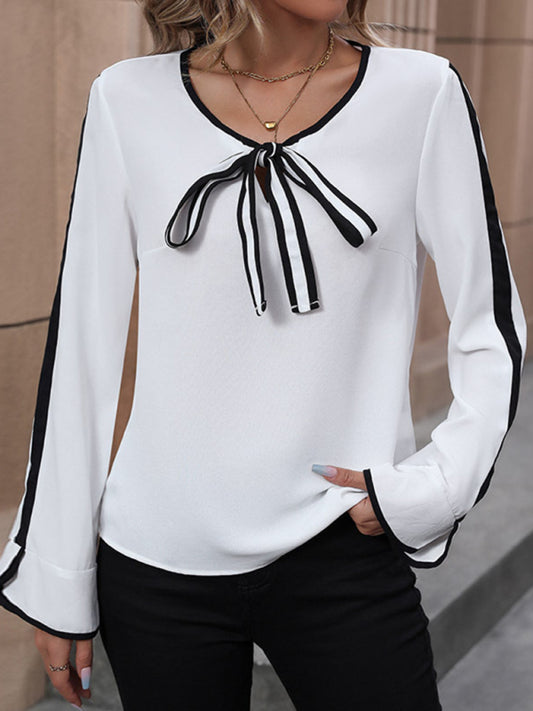 Blouses- Long Sleeve V-Neck Blouse with Knot Front in Contrast Binding- Chuzko Women Clothing
