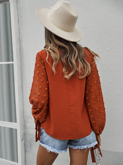 Long Sleeves V-Neck Blouse | Swiss Dot Accents Top
