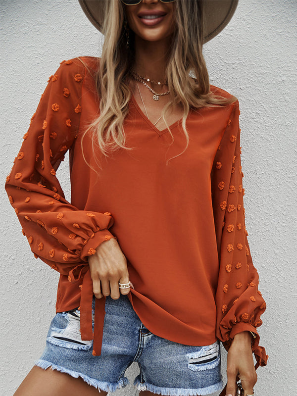 Long Sleeves V-Neck Blouse | Swiss Dot Accents Top