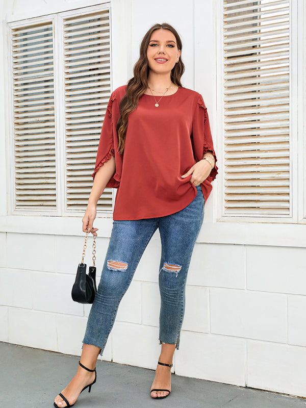 Blouses- Oversized Curvy Half Sleeves Blouse with Frill Accents- - Chuzko Women Clothing