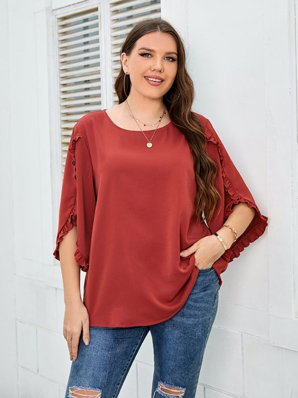 Blouses- Oversized Curvy Half Sleeves Blouse with Frill Accents- - Chuzko Women Clothing