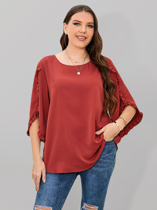 Blouses- Oversized Curvy Half Sleeves Blouse with Frill Accents- Red- Chuzko Women Clothing