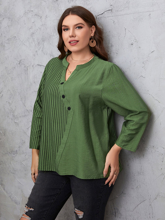 Blouses- Oversized Curvy Long Sleeve Striped Shirt Blouse- Green- Chuzko Women Clothing