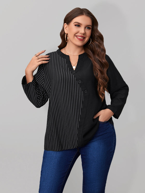 Blouses- Oversized Curvy Long Sleeve Striped Shirt Blouse- Black- Chuzko Women Clothing