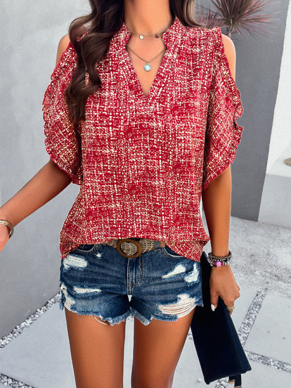 Printed Cold Shoulder V-Neck Blouse Top with Frill Accents