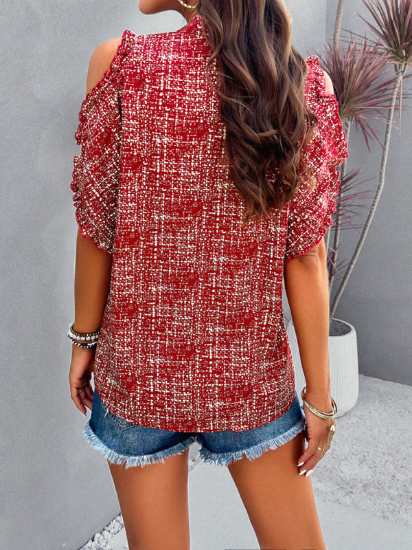Printed Cold Shoulder V-Neck Blouse Top with Frill Accents