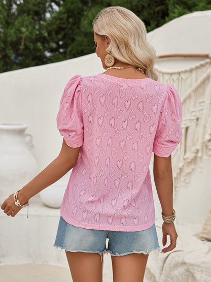 Puff Sleeve Love Theme Blouse | Spring-Summer Textured V-Neck Top