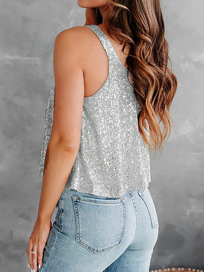 Blouses- Sequined Sleeveless Blouse - Sparkle Cami Flowy Top- - Chuzko Women Clothing
