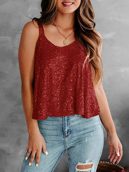 Blouses- Sequined Sleeveless Blouse - Sparkle Cami Flowy Top- Wine Red- Chuzko Women Clothing