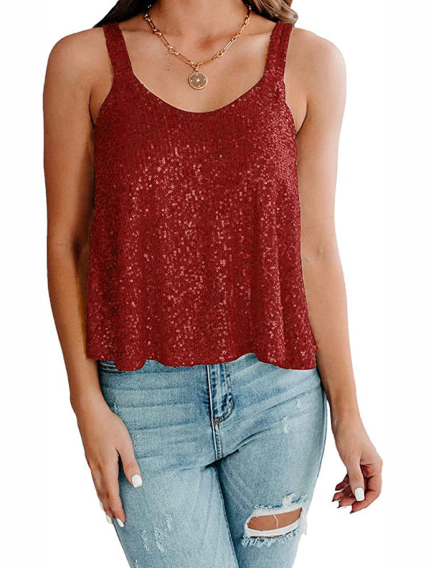 Blouses- Sequined Sleeveless Blouse - Sparkle Cami Flowy Top- - Chuzko Women Clothing