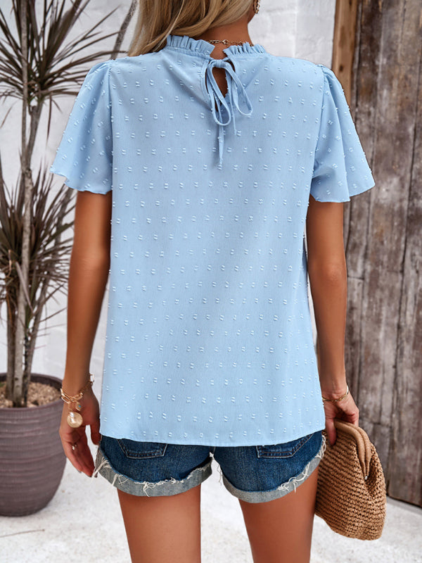 Blouses- Short Flounce Sleeves Blouse - Flowy Swiss Dot Top with Smocked Accents- Chuzko Women Clothing