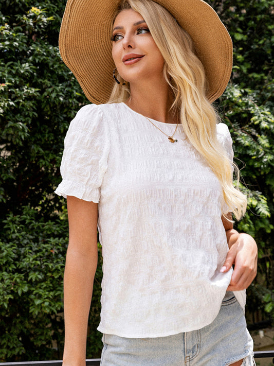 Short Puff Sleeves Blouse | Textured Romance in a Crew Neck Top