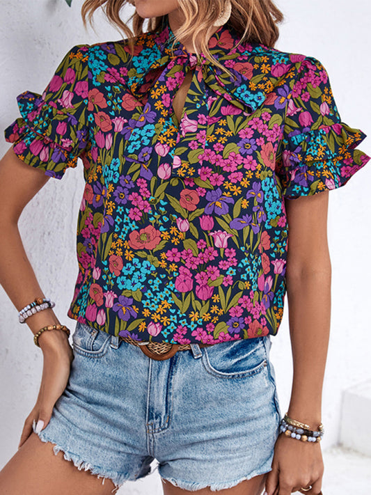 Blouses- Short Sleeves Tie-Front Blouse in Floral Print- Chuzko Women Clothing