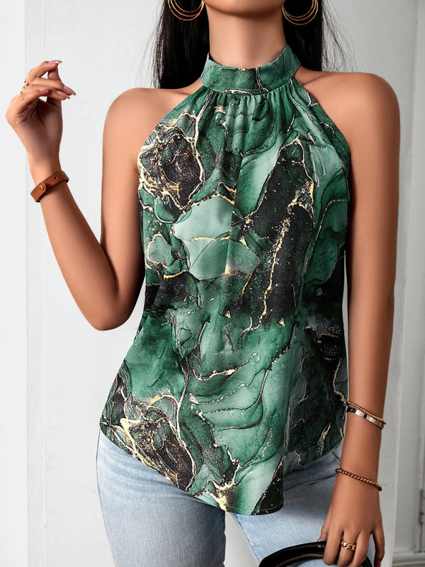 Blouses- Sleeveless Halterneck Blouse | Abstract Print and Knotted Back Top- Chuzko Women Clothing
