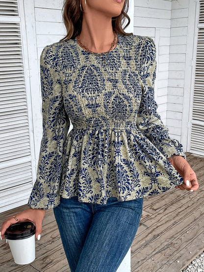 Blouses- Smocked Bodice Long Sleeve Blouse in Floral Print | Peplum Top- Chuzko Women Clothing