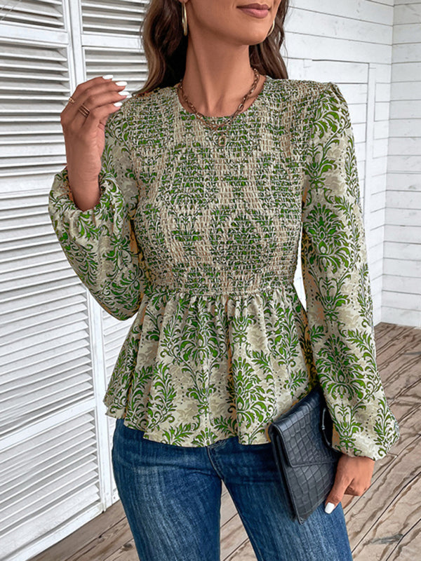 Blouses- Smocked Bodice Long Sleeve Blouse in Floral Print | Peplum Top- Chuzko Women Clothing