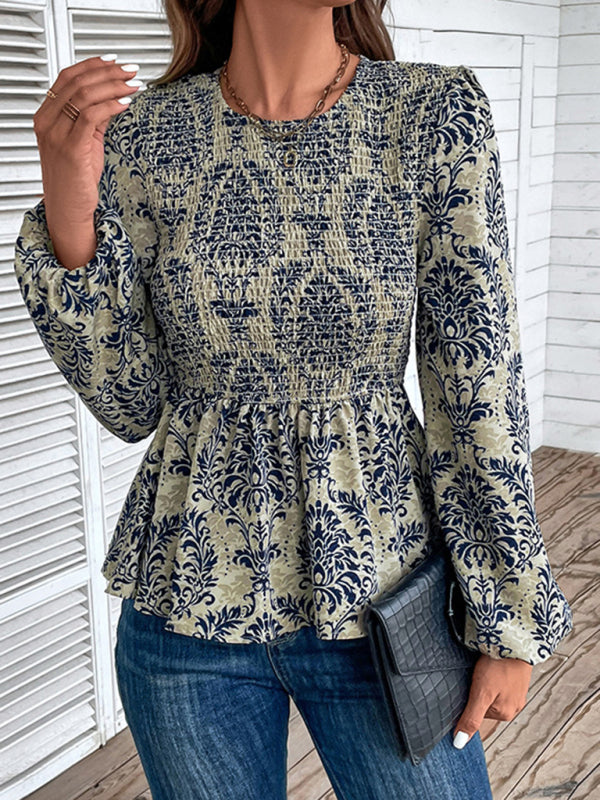 Blouses- Smocked Bodice Long Sleeve Blouse in Floral Print | Peplum Top- Chuzko Women Clothing