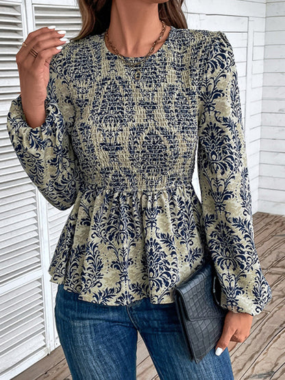 Blouses- Smocked Bodice Long Sleeve Blouse in Floral Print | Peplum Top- Chuzko Women Clothing