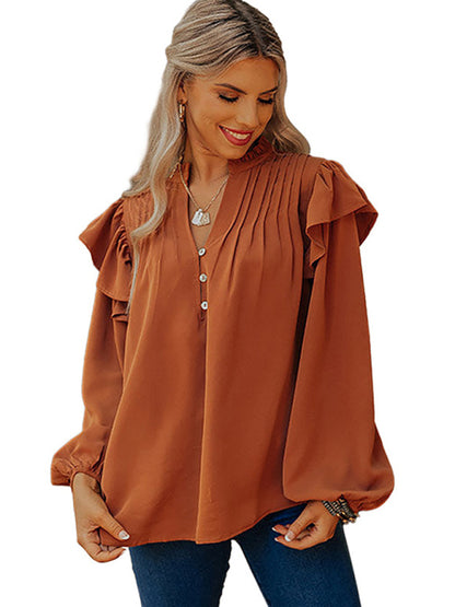 Solid Blouse with Ruffle Accents | Bishop Sleeve Top