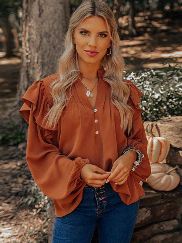 Solid Blouse with Ruffle Accents | Bishop Sleeve Top