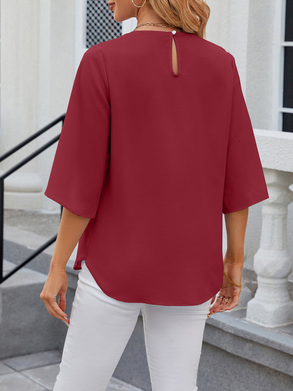 Blouses- Solid Chiffon Elegance in 3/4 Sleeves Blouse- Chuzko Women Clothing