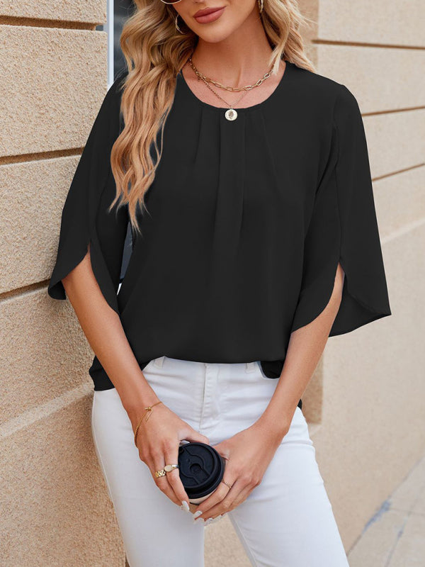 Blouses- Solid Chiffon Elegance in 3/4 Sleeves Blouse- Chuzko Women Clothing