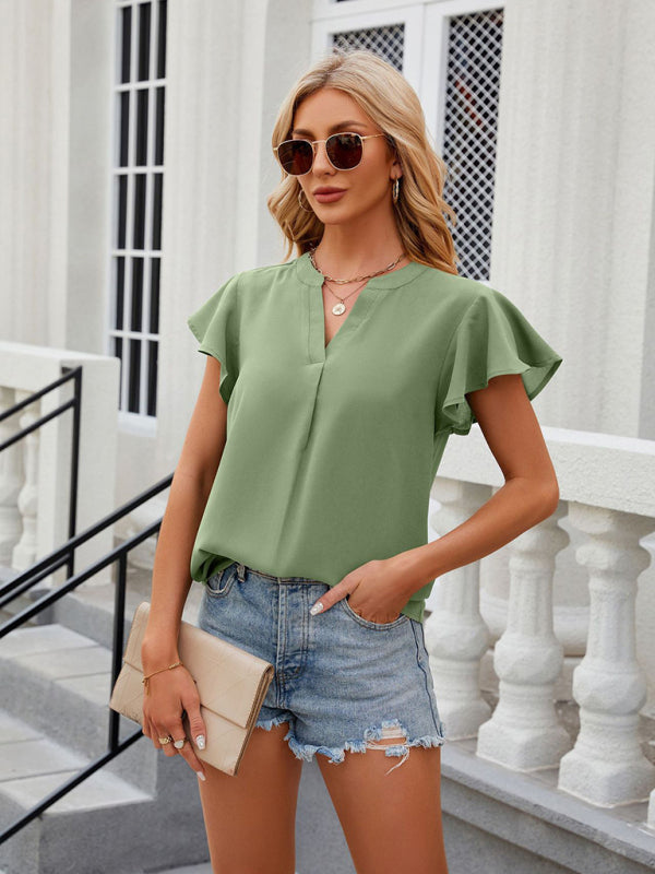 Blouses- Solid Color Blouse | V-Neck & Flounce Sleeves Top- Chuzko Women Clothing