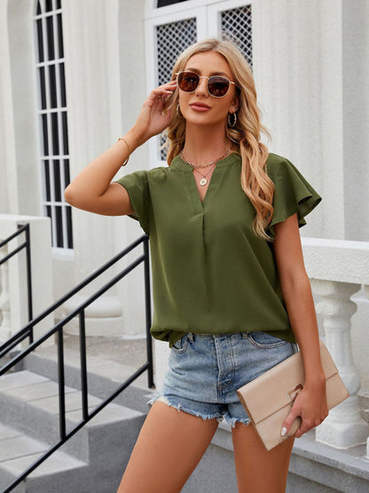 Blouses- Solid Color Blouse | V-Neck & Flounce Sleeves Top- Chuzko Women Clothing
