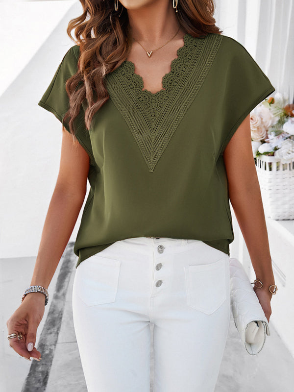Blouses- Solid Loose-Fit V-Neck Blouse with Lovely Lace Trim- Olive green- Chuzko Women Clothing