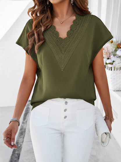 Blouses- Solid Loose-Fit V-Neck Blouse with Lovely Lace Trim- Olive green- Chuzko Women Clothing