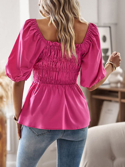 Blouses- Solid Off-Shoulder Blouse - Smocked Peplum Top- Chuzko Women Clothing