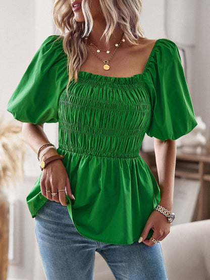 Blouses- Solid Off-Shoulder Blouse - Smocked Peplum Top- Chuzko Women Clothing