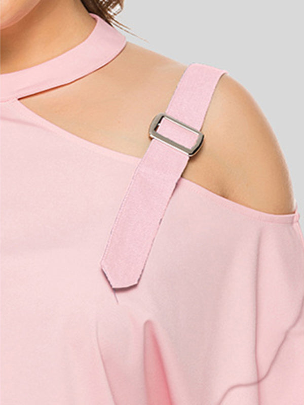 Blouses- Solid One-Shoulder Choker Blouse for Curvy Women- - Chuzko Women Clothing
