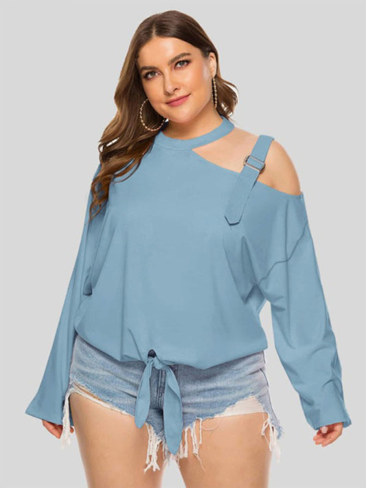 Blouses- Solid One-Shoulder Choker Blouse for Curvy Women- Blue- Chuzko Women Clothing