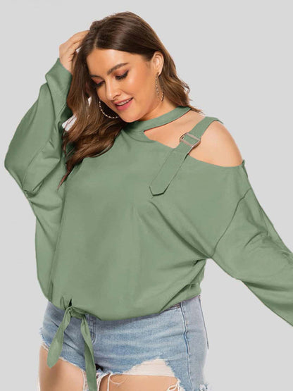 Blouses- Solid One-Shoulder Choker Blouse for Curvy Women- Green- Chuzko Women Clothing