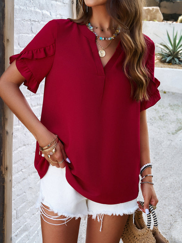 Blouses- Solid Petal Sleeves Blouse with V-Neck and Frill Accents- - Chuzko Women Clothing