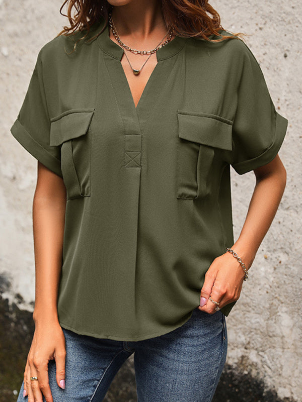 Blouses- Solid Short-Sleeve V-Neck Blouse - Flap Shirt- Chuzko Women Clothing