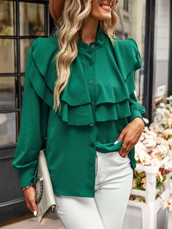 Solid Stand Collar Buttoned Blouse | Long Sleeves and Ruffle Paneled Shirt