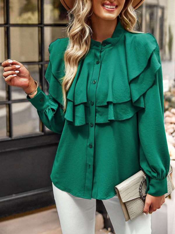 Solid Stand Collar Buttoned Blouse | Long Sleeves and Ruffle Paneled Shirt