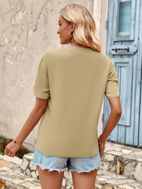 Solide Bluse mit V-Ausschnitt | Kurzärmliges Frühlings-Sommer-Top